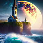 Surreal landscape featuring church on cliff, sea view, and fantasy moon.