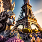 Female statue with feathered headdress & Eiffel Tower at sunset