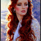 Woman with Long Red Hair in White Blouse Against Colorful Background