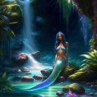 Dark-haired mermaid with green tail at waterfall in lush forest