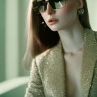 Woman in glamorous sunglasses and glittery outfit by window with curtains.