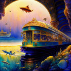 Underwater scene with vintage tram, coral, marine life, airships, starry backdrop