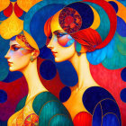 Colorful side profiles of two women with elaborate headdresses on patterned background