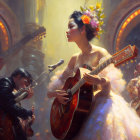 Woman in floral headpiece sings with guitar in ethereal setting