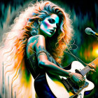 Colorful illustration: Female musician playing guitar and singing with flowing blonde hair and ethereal lighting.