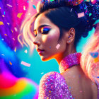 Colorful Digital Portrait of Woman with Glittering Makeup and Attire