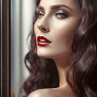 Portrait of woman with dark curly hair and red lipstick gazing out window