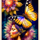 Colorful woman profile with butterfly and flowers on blue background