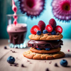 Decadent dessert scene with chocolate-coated biscuit and pink milkshake