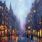 Colorful painting of a wet, illuminated twilight street scene