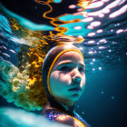 Child in Swimming Cap Submerged in Clear Water with Light Reflections