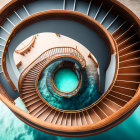 Bronze spiral staircase descending into water with surreal pattern.