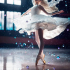 Ballet dancer on pointe with white dress spinning in water splashes and colorful orbs in dimly