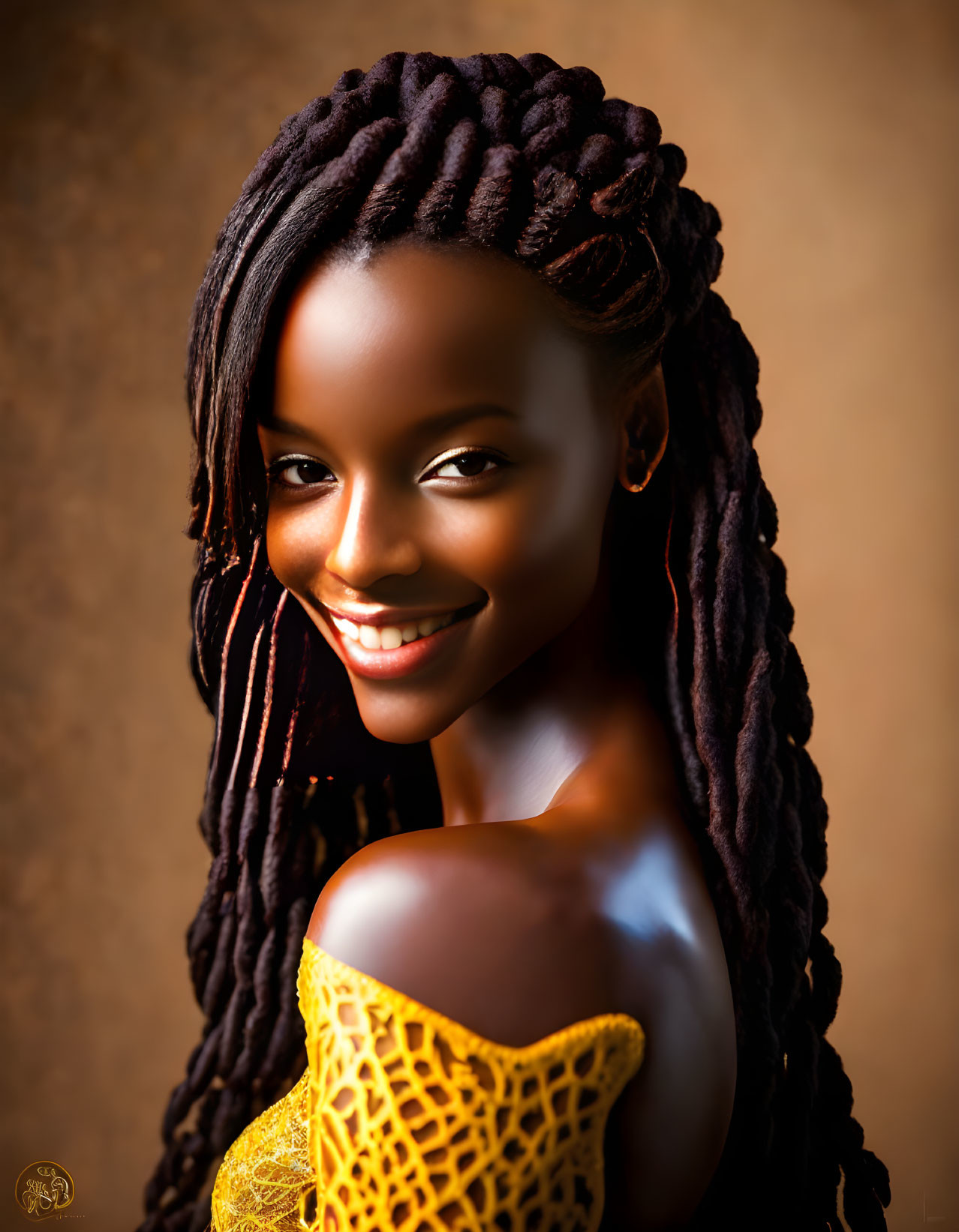 Smiling woman with braided hair in golden garment on warm backdrop