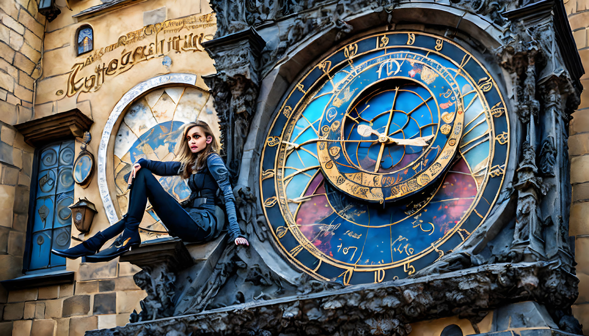 Elegant woman in blue suit on ornate astronomical clock