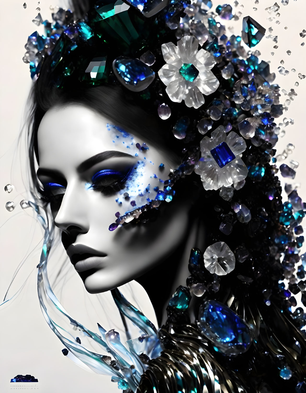 Ethereal woman with gemstone headdress in blue and silver