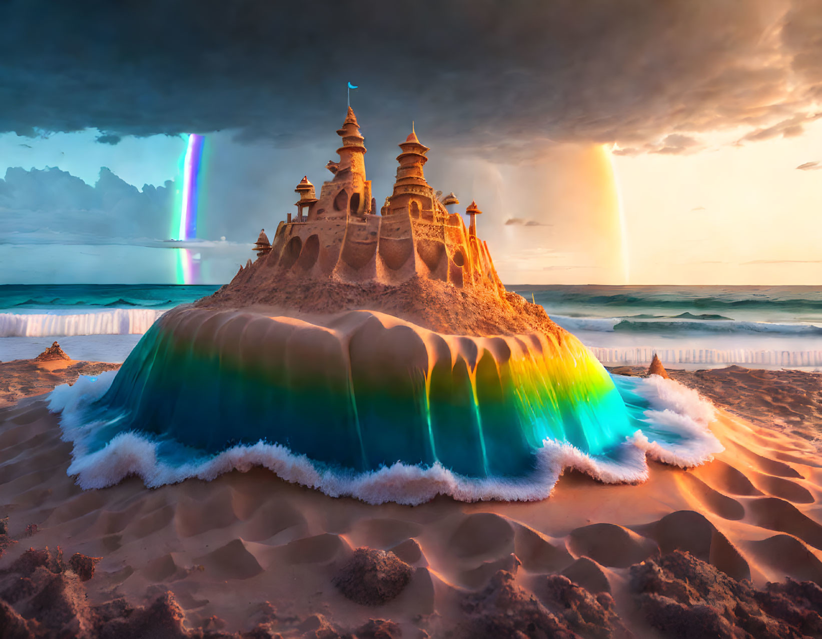 Colorful sandcastle on beach with surreal jelly-like wave and rainbow sky