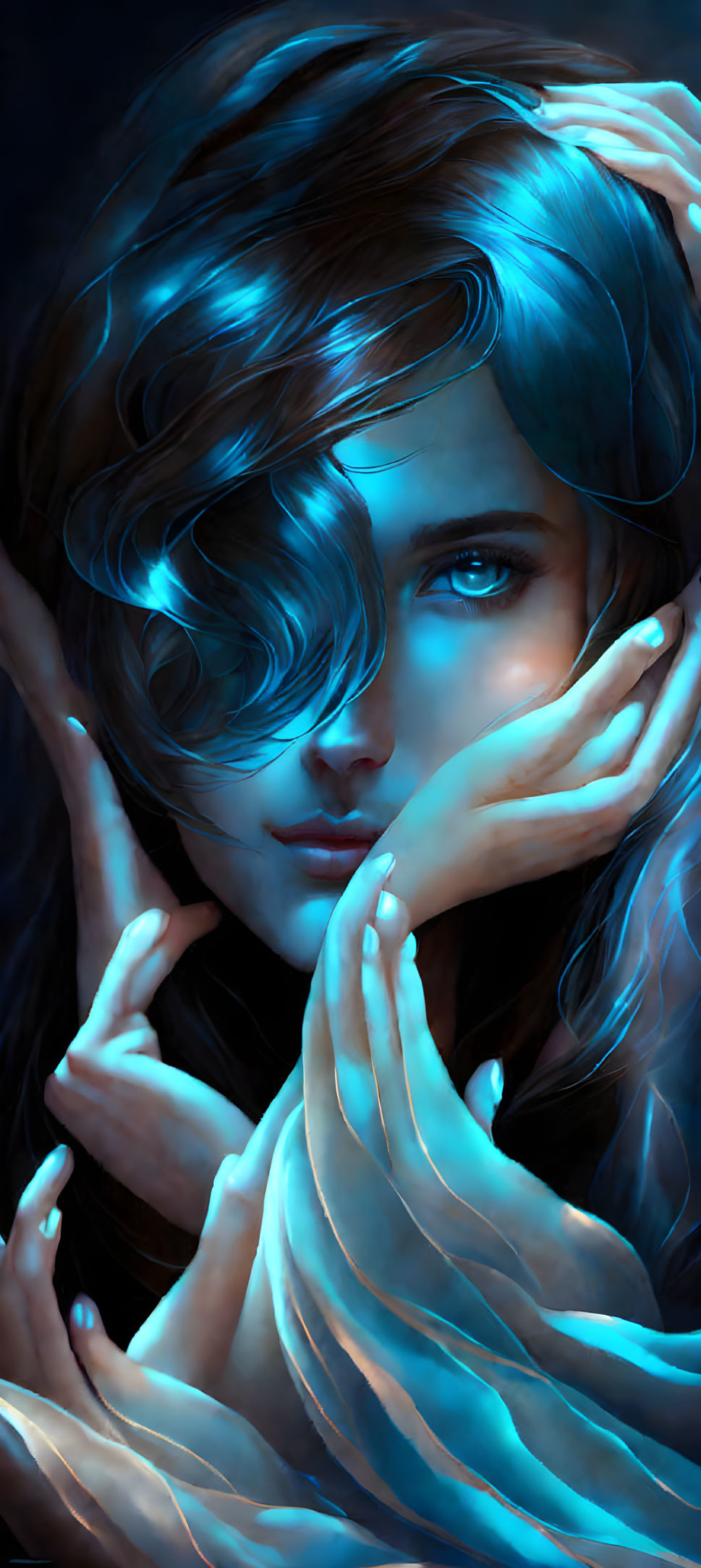 Mysterious woman with flowing blue hair and glowing hands in digital art