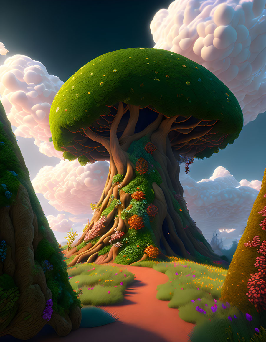 Fantasy landscape with oversized mushroom and vibrant flora