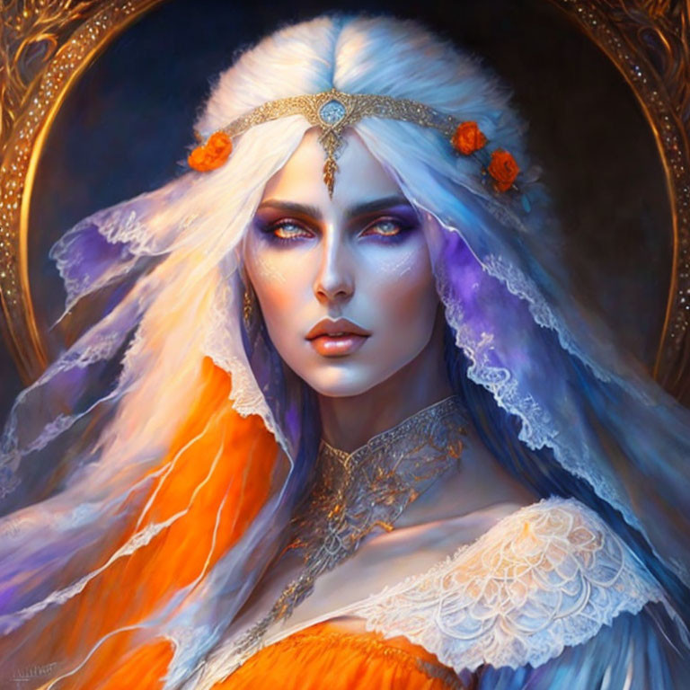 Digital painting of woman with pale skin, white hair, blue eyes, jeweled headpiece, orange