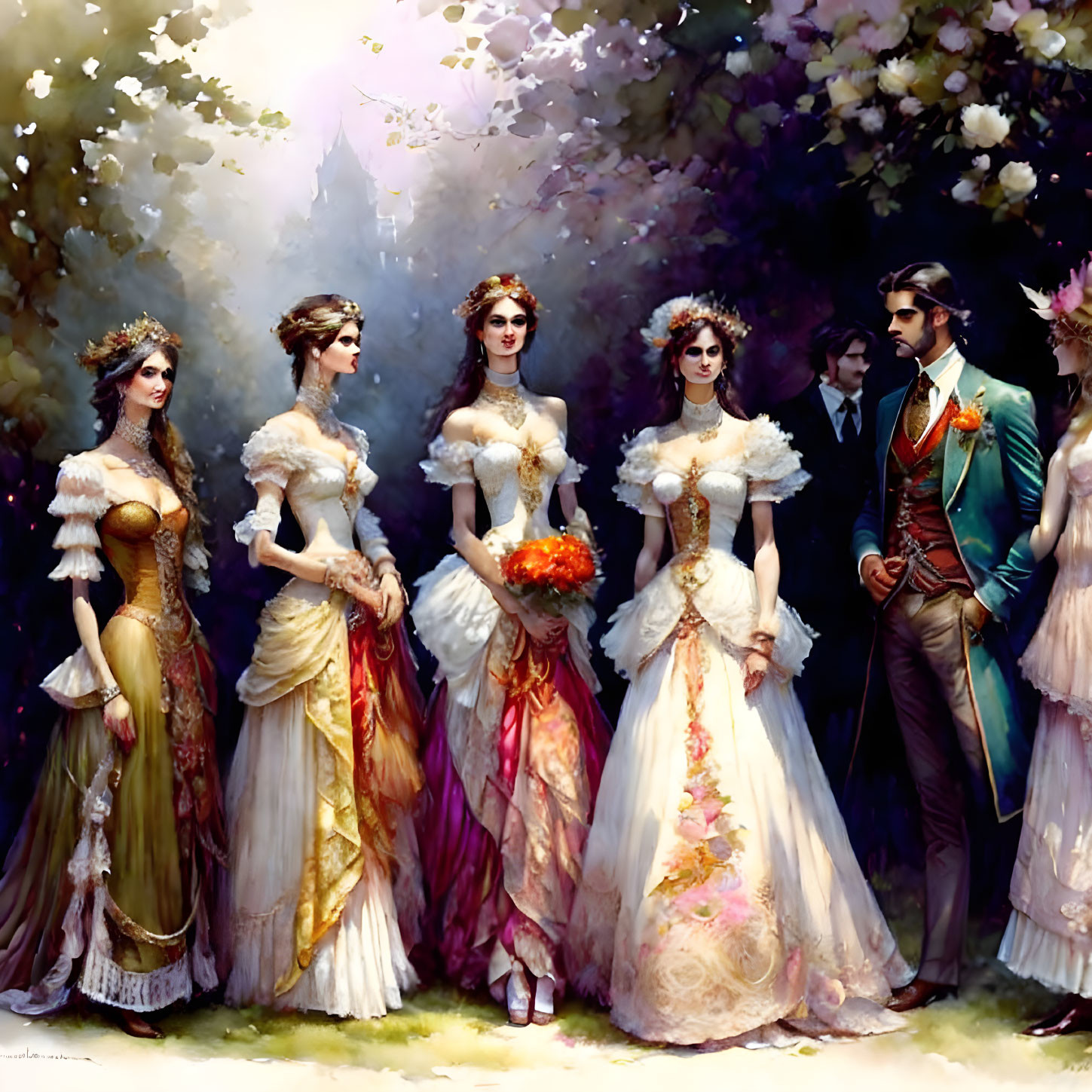 Victorian-era group portrait in blooming garden