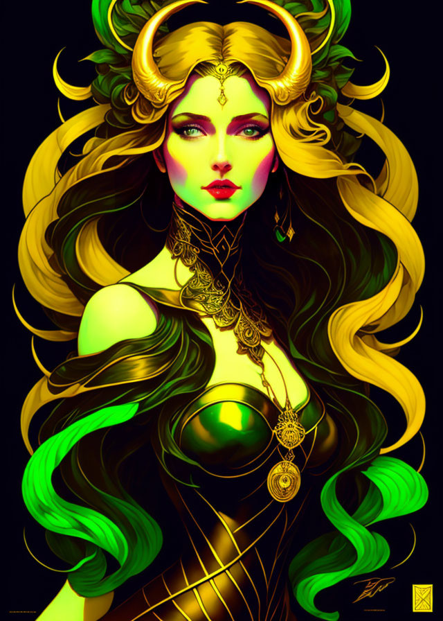 Illustrated portrait of woman with black and green curly hair, golden horns, dramatic makeup, and intricate