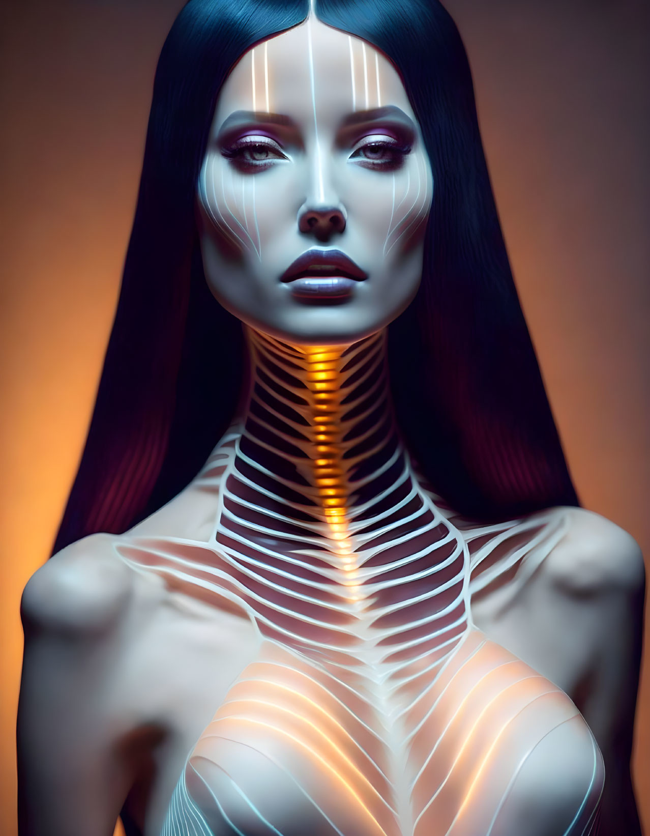 Futuristic digital artwork of a woman with glowing lines and intense gaze