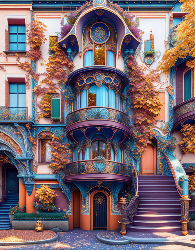 Ornate Art Nouveau building with curved lines, mosaics, and autumn foliage