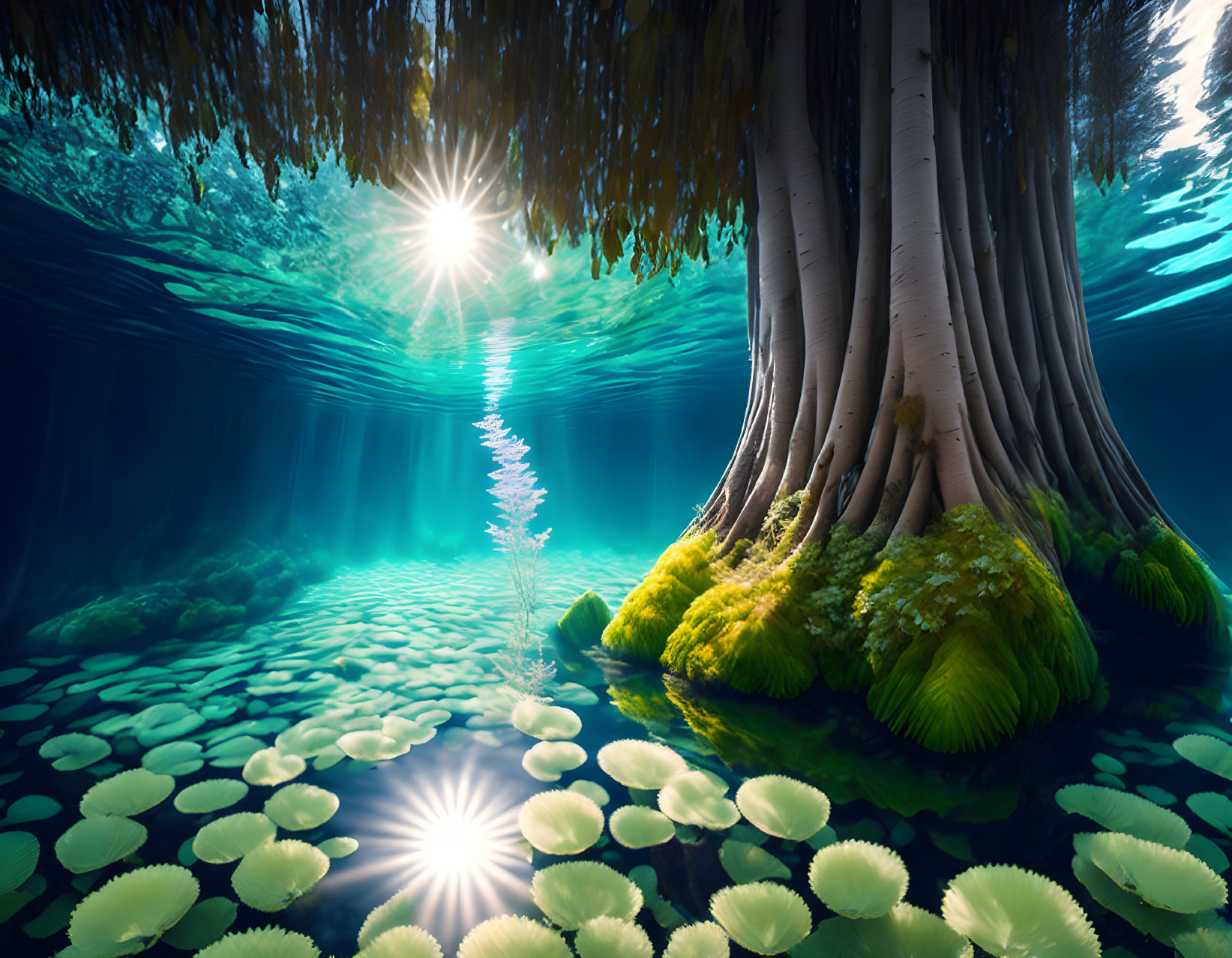 Sunlight filtering through tree roots in a serene pond with lily pads