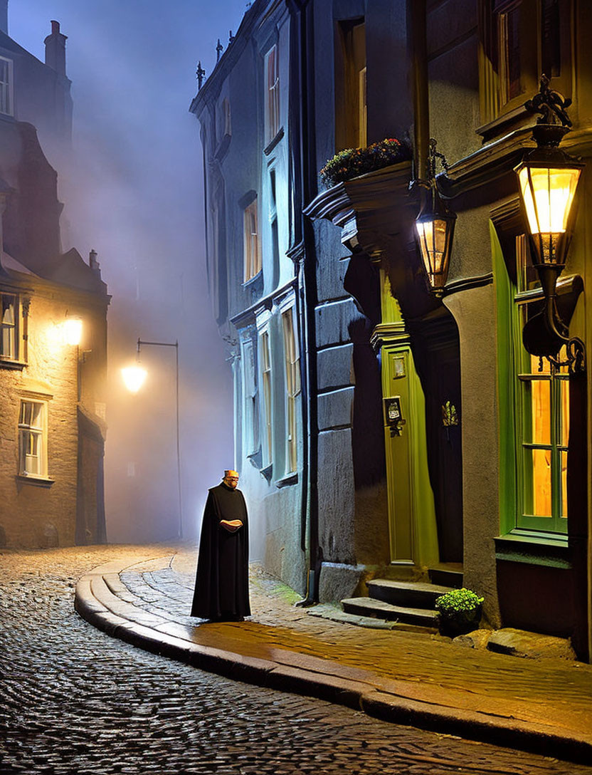 Cloaked figure on misty cobblestone street at night