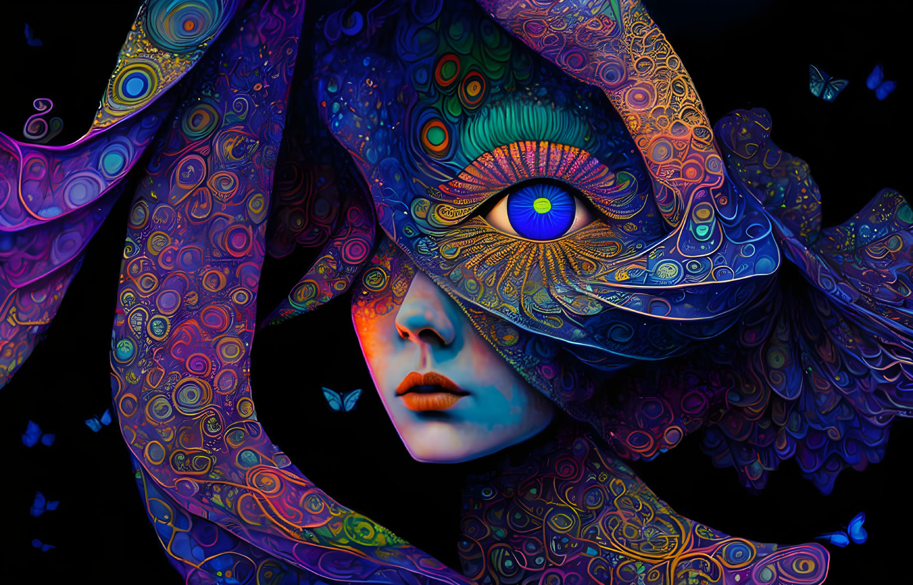 Colorful digital art: woman with peacock feather patterns and eye headscarf, surrounded by butterflies