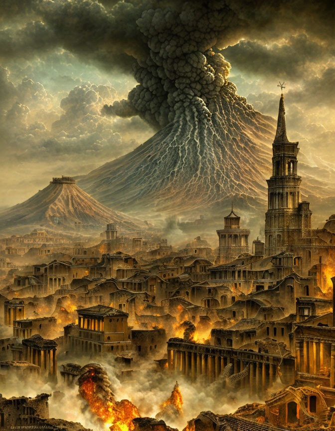 City skyline during catastrophic volcanic eruption