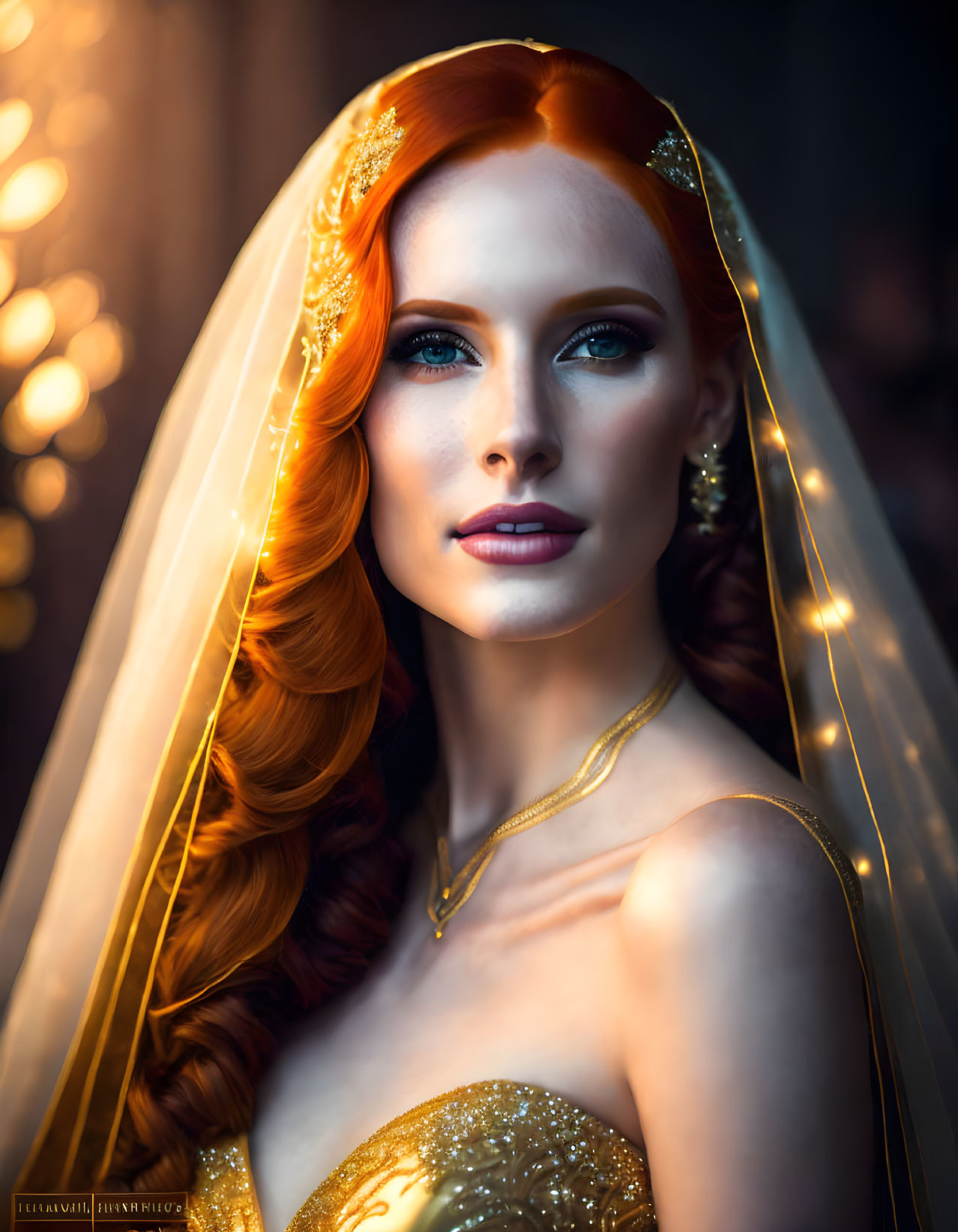 Red-haired woman in golden dress and headpiece gazes softly off-camera.