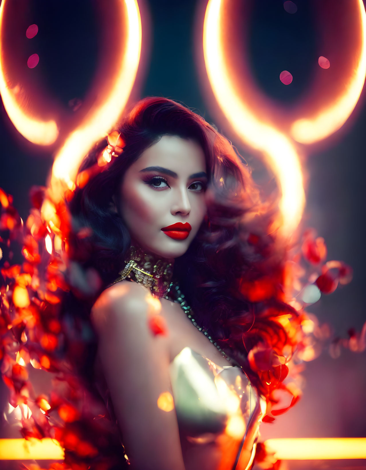 Striking makeup woman with flowing hair framed by glowing rings and bokeh effect.