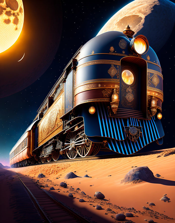 Ornate steam locomotive in desert under starry sky