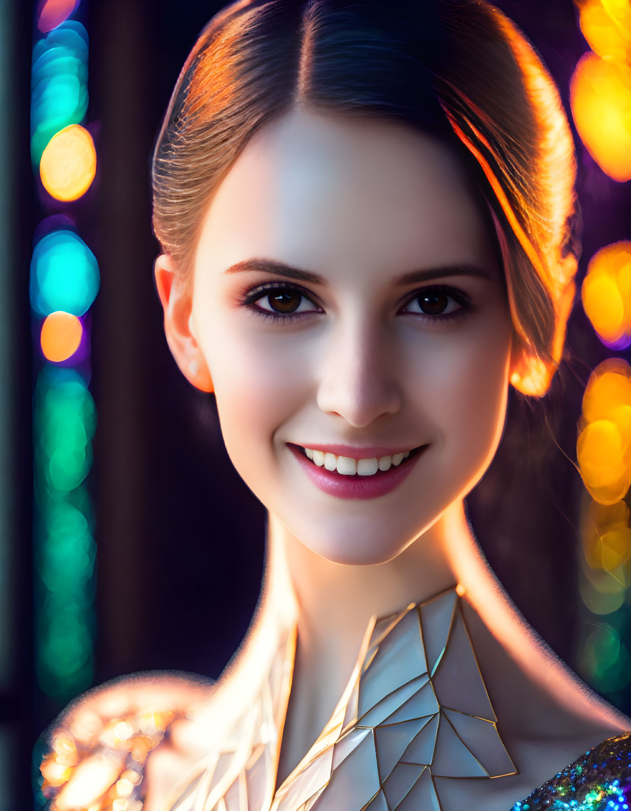 Smiling woman with gleaming necklace and soft makeup in colorful bokeh lights