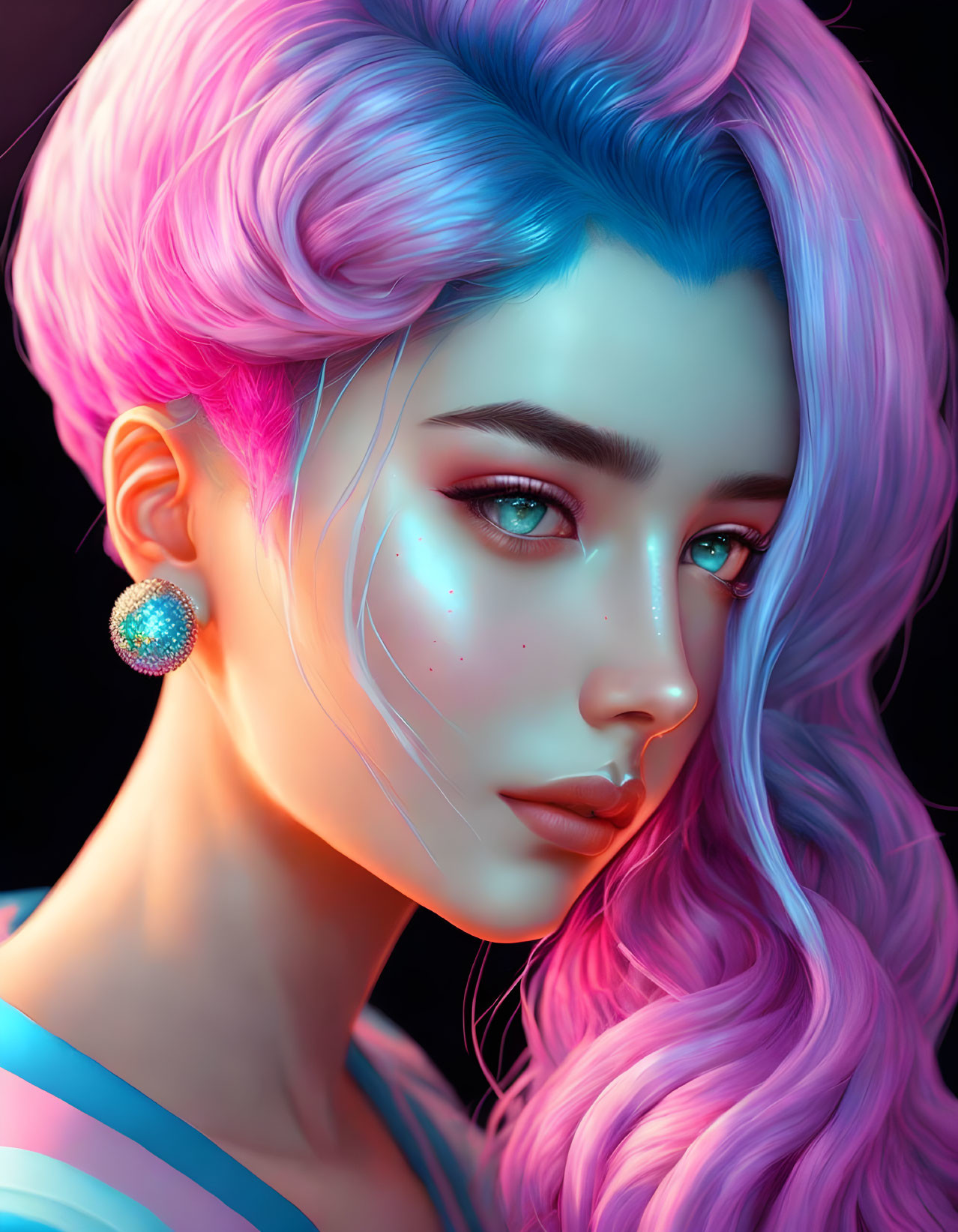 Vibrant pink and blue hair digital portrait of woman.