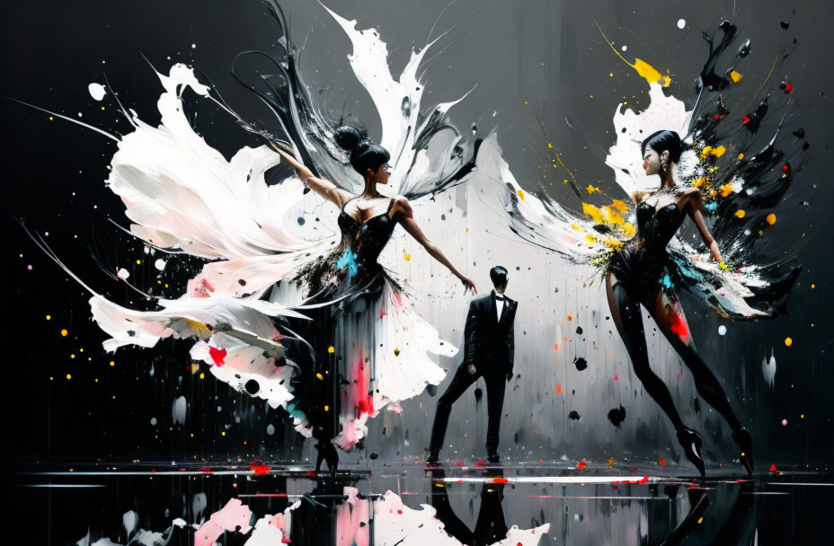 Colorful Dance Artwork Featuring Two Dancers and Poised Figure