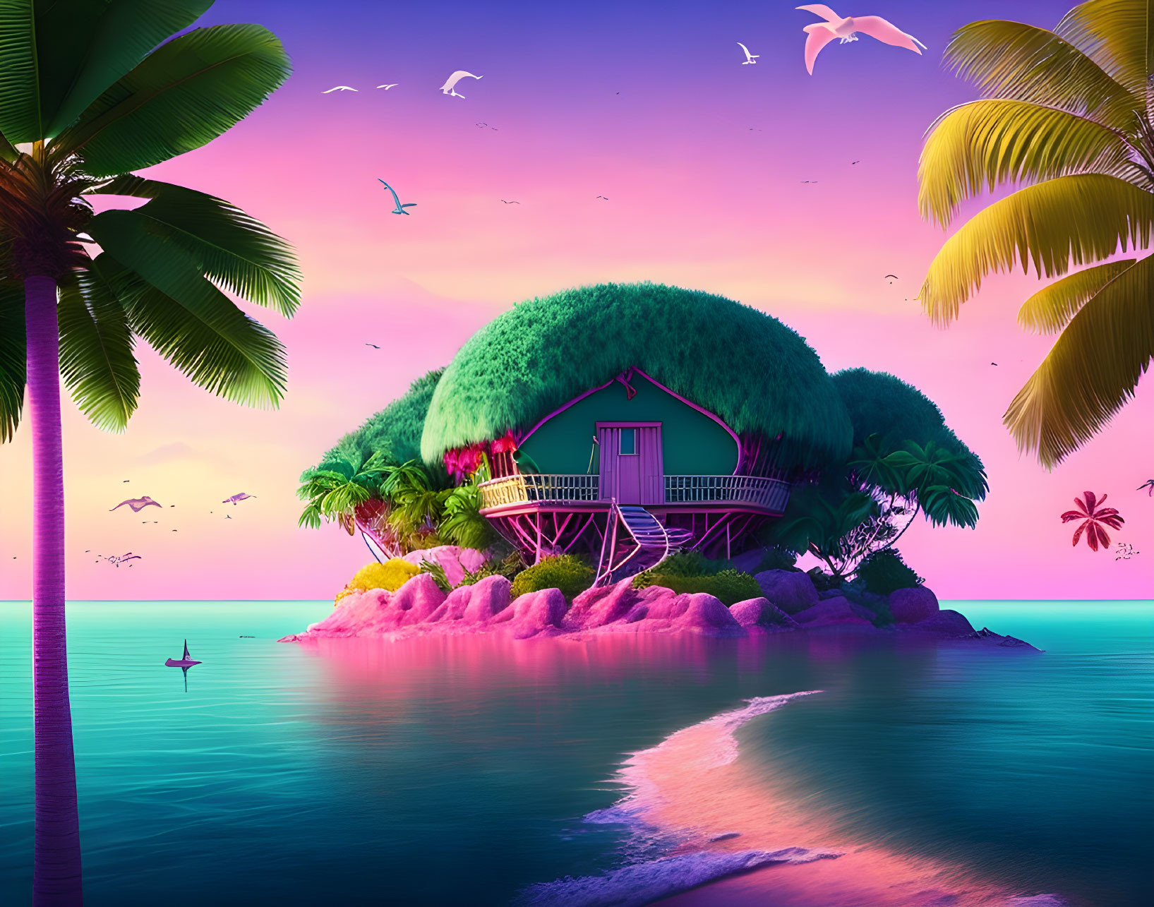 Illustration of Secluded Hut on Island with Palm Trees and Ocean