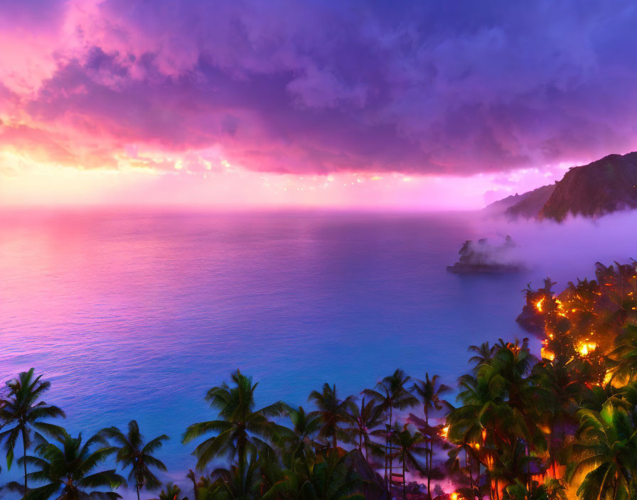 Vivid Tropical Sunset Over Misty Ocean and Palm Trees