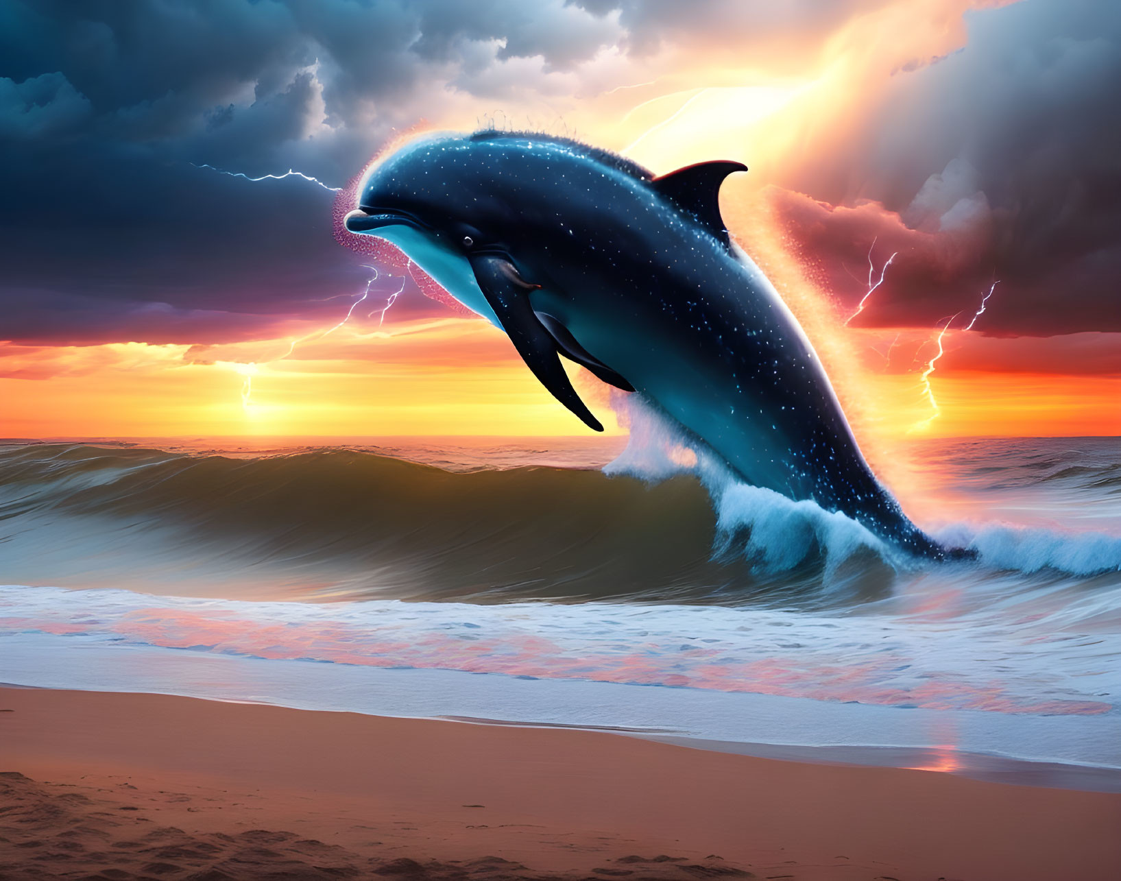 Digital Artwork: Dolphin in Starry Texture Leaping over Ocean Waves at Sunset