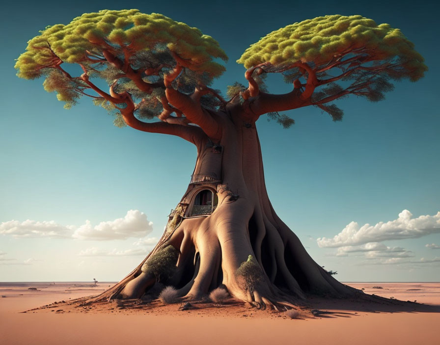 Gigantic baobab tree with door and windows in desert landscape