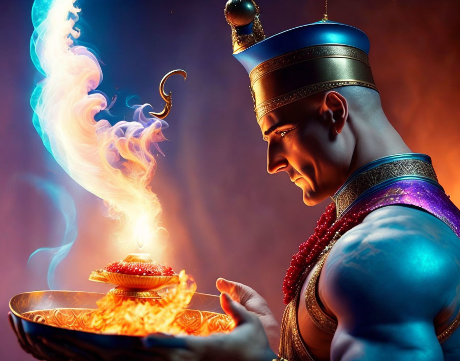 Animated character observes mystical blue smoke from golden lamp.