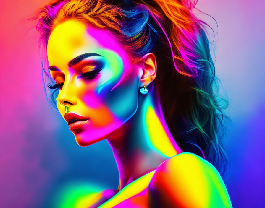 Profile pose of a woman in vibrant neon colors