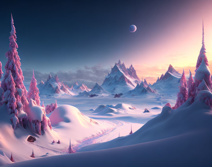 Snowy Landscape with Pink Skies, Moon, and Mountains