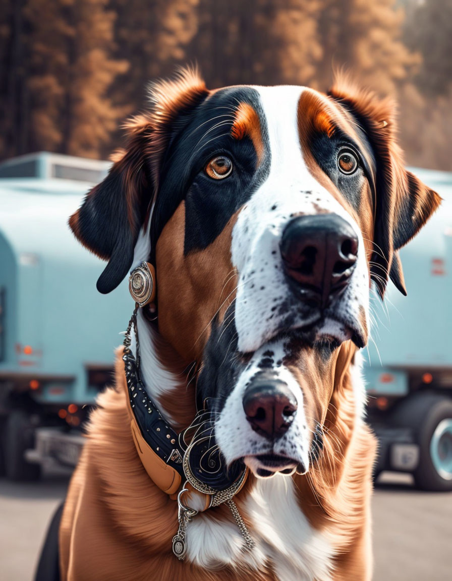 Tricolor dog with soulful eyes wearing studded collar and ornate accessory on soft-focus background with