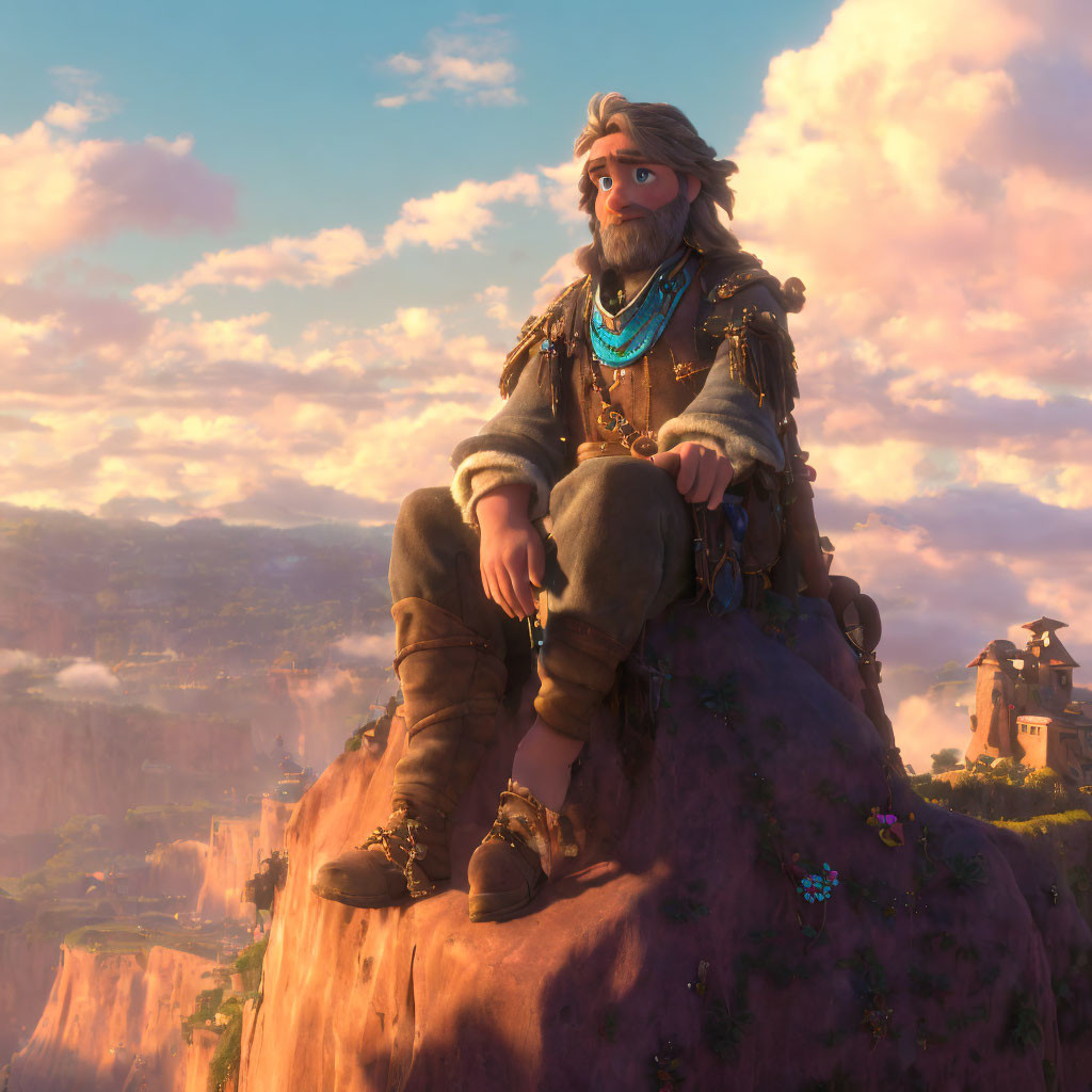 Bearded animated character on high rock in golden-lit fantasy landscape