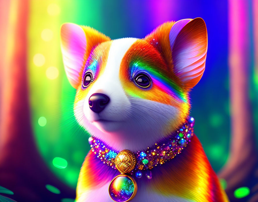 Vibrant Corgi Dog Portrait with Rainbow Colors and Sparkling Accessories