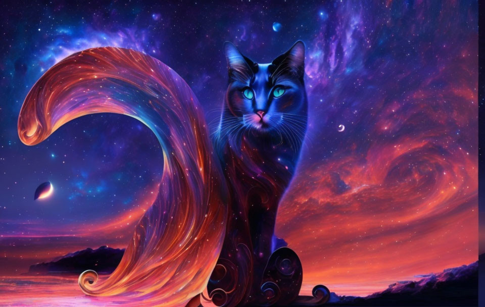 Majestic cosmic cat with swirling galaxy coat and vibrant blue eyes