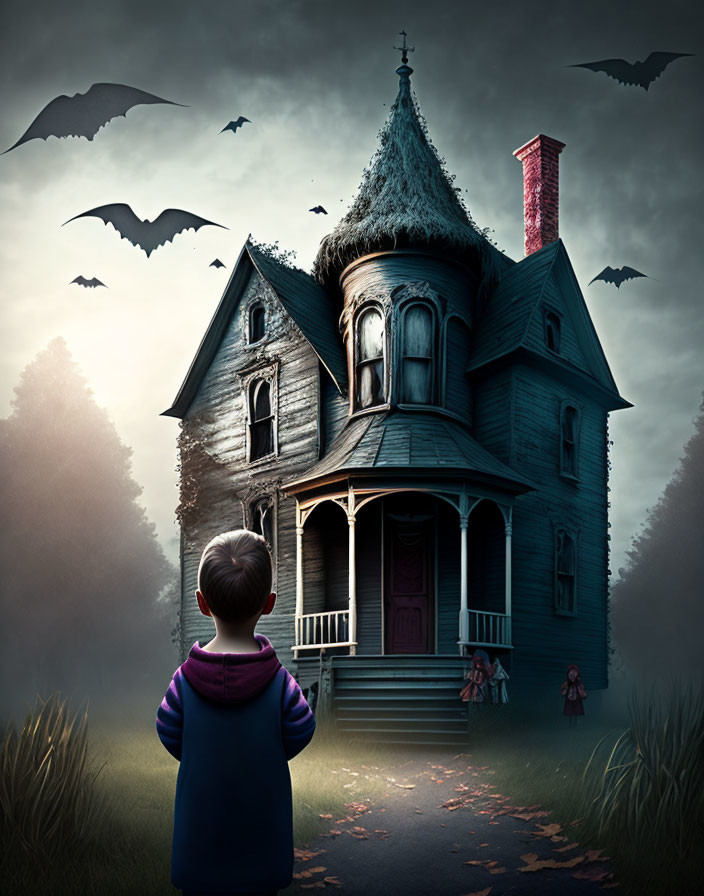 Child silhouetted by spooky house at dusk with bats and unsettling dolls